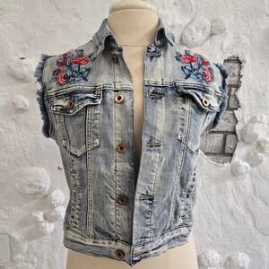 Salvaje Denim Floral Embroidered Western Festival Sleeveless Boho Denim Sz M